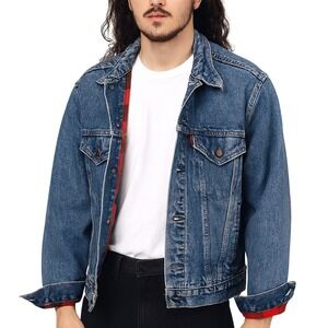 LEVIS VINTAGE 90s Buffalo‎ Plaid Lined Denim Trucker Jacket Size 38